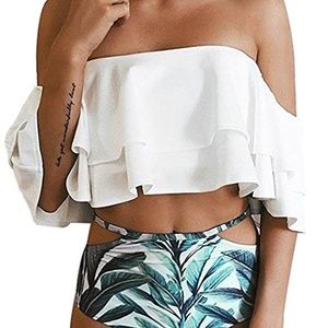Two Piece Off Shoulder Ruffled Flounce Bikini Swim